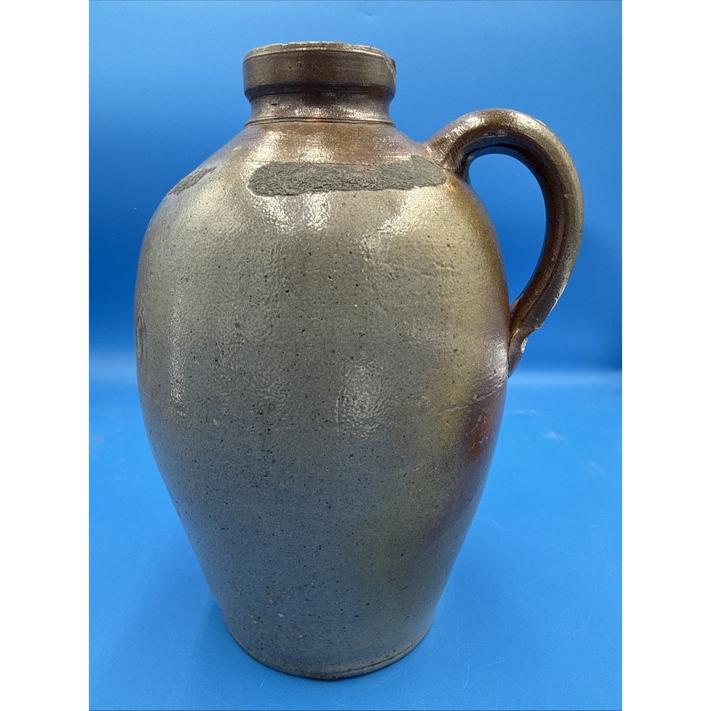 Antique 1800s Salt Glazed Stoneware Jug Hand Thrown Applied Handle 11.5"